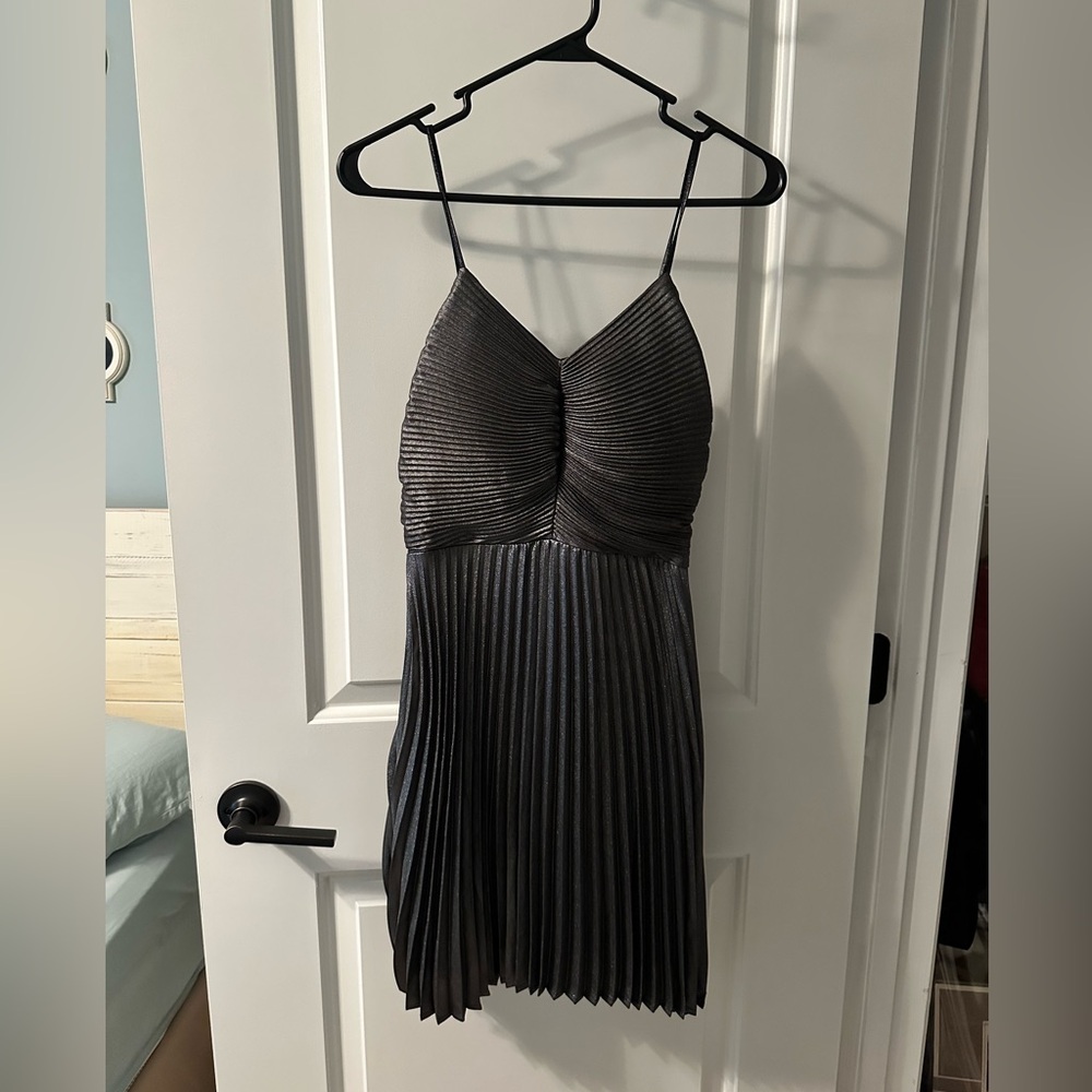 Express pleated grey metallic dress with bow on back.  XS.